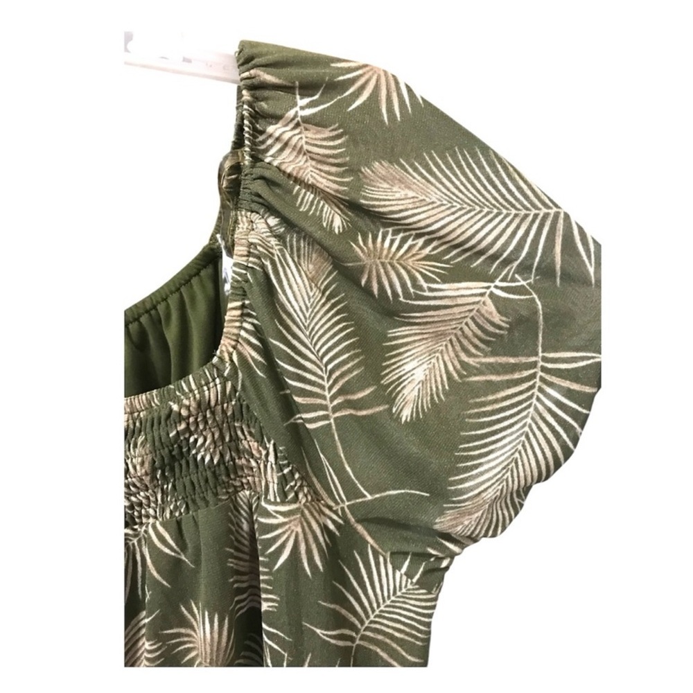 NWT Luna Palm Print Olive Blouse With Elastic Square Neckline Women Size Medium‎ - Picture 4 of 6